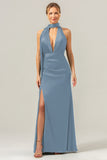 Peacock Sheath Deep V Neck Open Back Long Satin Bridesmaid Dress with Streamer