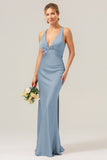 Champagne Mermaid Deep V Neck Ruched Long Bridesmaid Dress with Lace Up Back