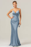 Daffodil Mermaid Spaghetti Straps Front Pleated Long Bridesmaid Dress