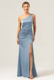 Dark Green Elegant Mermaid One Shoulder Pleated Backless Bridesmaid Dress with Slit