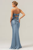 Daffodil Mermaid Spaghetti Straps Front Pleated Long Bridesmaid Dress