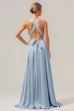 Daffodil A Line Deep V Neck Lace Up Back Long Satin Bridesmaid Dress with Slit