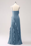 Sheath Spaghetti Straps Ruffle Long Bridesmaid Dress with Slit