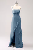 Sheath Spaghetti Straps Ruffle Long Bridesmaid Dress with Slit