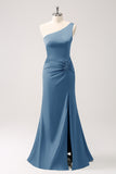 Elegant Olive Mermaid One Shoulder Pleated Backless Bridesmaid Dress with Slit