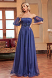 Navy A Line Removable Sleeves Pleated Long Prom Dress