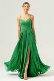 A Line Spaghetti Straps Pleated Chiffon Long Bridesmaid Dress with Slit