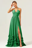 A Line Halter Lace Up Back Chiffon Long Bridesmaid Dress with Slit