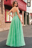 Sparkly Light Green A Line Spaghetti Straps Corset Tulle Long Prom Dress with Slit