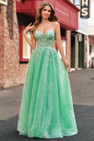 Sparkly Light Green A Line Spaghetti Straps Corset Tulle Long Prom Dress with Slit