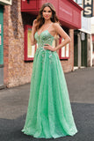 Sparkly Light Green A Line Spaghetti Straps Corset Tulle Long Prom Dress with Slit