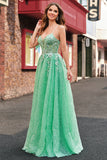 Sparkly Light Green A Line Spaghetti Straps Corset Tulle Long Prom Dress with Slit