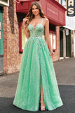 Sparkly Light Green A Line Spaghetti Straps Corset Tulle Long Prom Dress with Slit