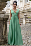 Dark Green A Line V Neck Pleated Chiffon Long Bridesmaid Dress with Lace Up Back