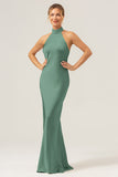 Dark Green Sheath High Neck Halter Backless Long Satin Bridesmaid Dress with Slit