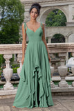 Pine A Line Spaghetti Straps Chiffon Long Asymmetrical Bridesmaid Dress with Ruffles