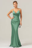 Daffodil Mermaid Spaghetti Straps Front Pleated Long Bridesmaid Dress