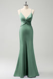 Elegant Dark Green Mermaid Front Criss Cross Pleated Long Bridesmaid Dress