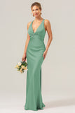 Champagne Mermaid Deep V Neck Ruched Long Bridesmaid Dress with Lace Up Back