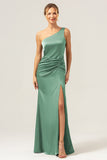 Dark Green Elegant Mermaid One Shoulder Pleated Backless Bridesmaid Dress with Slit