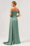 Stylish Dark Green Mermaid Off The Shoulder Pleated Satin Long Bridesmaid Dress with Slit