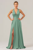 Daffodil A Line Deep V Neck Lace Up Back Long Satin Bridesmaid Dress with Slit