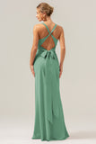 Champagne Mermaid Deep V Neck Ruched Long Bridesmaid Dress with Lace Up Back