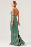 Dark Green Sheath High Neck Halter Backless Long Satin Bridesmaid Dress with Slit