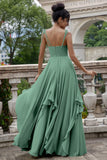 Pine A Line Spaghetti Straps Chiffon Long Asymmetrical Bridesmaid Dress with Ruffles