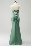 Elegant Dark Green Mermaid Front Criss Cross Pleated Long Bridesmaid Dress