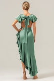 A Line V Neck Asymmetrical Dark Green Bridesmaid Dress with Ruffle Slit