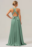 Daffodil A Line Deep V Neck Lace Up Back Long Satin Bridesmaid Dress with Slit