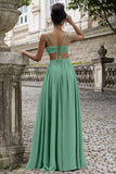 Dark Green A Line V Neck Pleated Chiffon Long Bridesmaid Dress with Lace Up Back