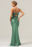 Daffodil Mermaid Spaghetti Straps Front Pleated Long Bridesmaid Dress