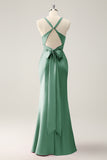 Mermaid Deep V Neck Pleated Backless Bridesmaid Dress with Lace Up Back