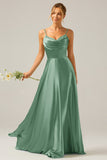 Dusty Sage A-Line Cowl Neck Spaghetti Straps Bridesmaid Dress With Sequins