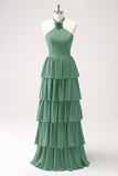 Dark Green A Line Halter Tiered Chiffon Long Bridesmaid Dress with Flower