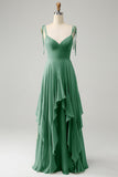 A Line Spaghetti Straps Chiffon Long Eucalyptus Bridesmaid Dress with Ruffles