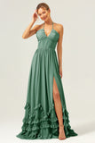 A Line Halter Lace Up Back Chiffon Long Bridesmaid Dress with Slit