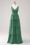 Dark Green A Line V Neck Tiered Ruched Long Bridesmaid Dress