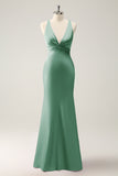 Mermaid Deep V Neck Pleated Backless Bridesmaid Dress with Lace Up Back