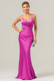 Daffodil Mermaid Spaghetti Straps Front Pleated Long Bridesmaid Dress