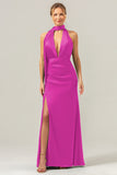 Peacock Sheath Deep V Neck Open Back Long Satin Bridesmaid Dress with Streamer