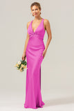 Champagne Mermaid Deep V Neck Ruched Long Bridesmaid Dress with Lace Up Back