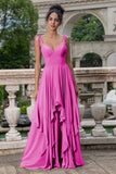 Pine A Line Spaghetti Straps Chiffon Long Asymmetrical Bridesmaid Dress with Ruffles