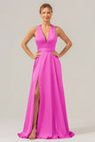 Daffodil A Line Deep V Neck Lace Up Back Long Satin Bridesmaid Dress with Slit