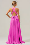 Daffodil A Line Deep V Neck Lace Up Back Long Satin Bridesmaid Dress with Slit