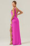 Burgundy Sheath V Neck Floral Open Back Bridesmaid Dress with Ruffle Slit