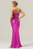 Daffodil Mermaid Spaghetti Straps Front Pleated Long Bridesmaid Dress