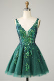 Sparkly Dark Green A Line Glitter Short Homecoming Dress with Sequins